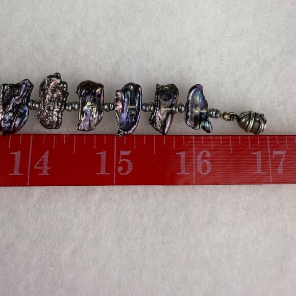 Vintage Freshwater Iridescent Black Pearl Necklace Silver Tone Spacer Beads Magn - Picture 4 of 4